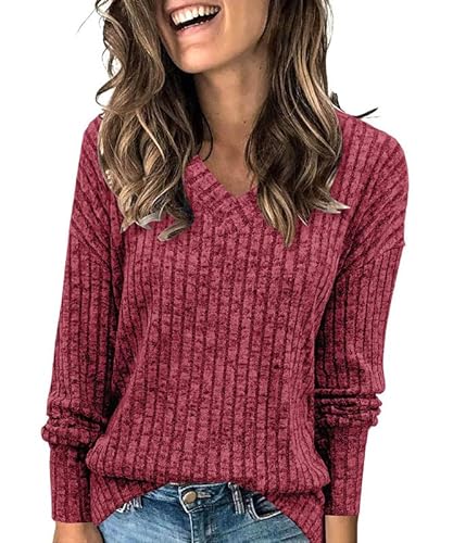 GRMLRPT Damen Pullover Casual V-Ausschnitt Langarmshirt Leichtes Herbst Strickpullover Winter Oberteile S-2XL(Violett,M) von GRMLRPT