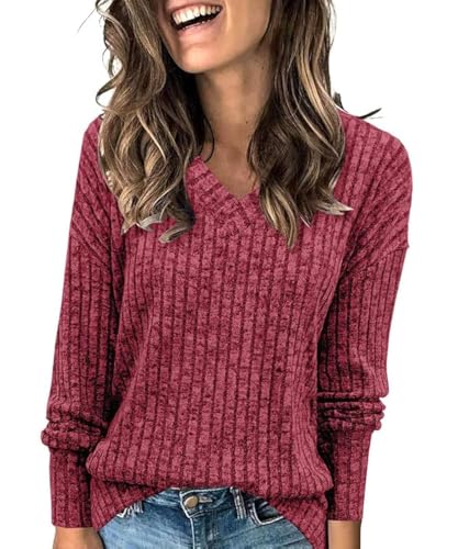 GRMLRPT Oberteile Damen Langarm Pullover Casual V-Ausschnitt Langarmshirt Leichtes Herbst Strickpullover Winter Tshirts Basic Top(Violett,XL) von GRMLRPT