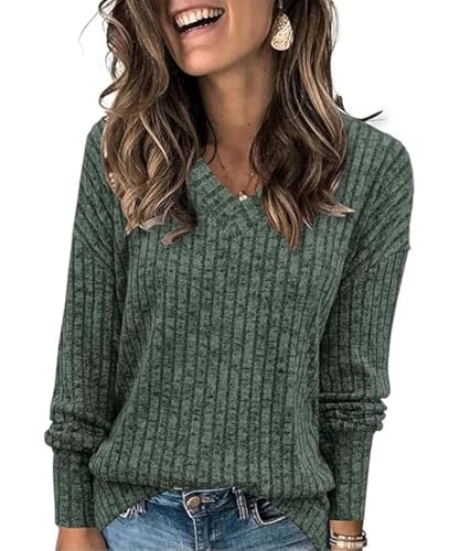 GRMLRPT Damen Pullover Casual V-Ausschnitt Langarmshirt Leichtes Herbst Strickpullover Winter Oberteile SXL(Grün,S) von GRMLRPT