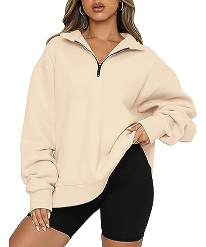 GRMLRPT Damen Pullover Lässige Oversized Hoodie Reißverschluss Damen Rollkragenpullover Herbst Pullover für Damen Kapuzenloser Winterpullover Essentials(Beige,S) von GRMLRPT