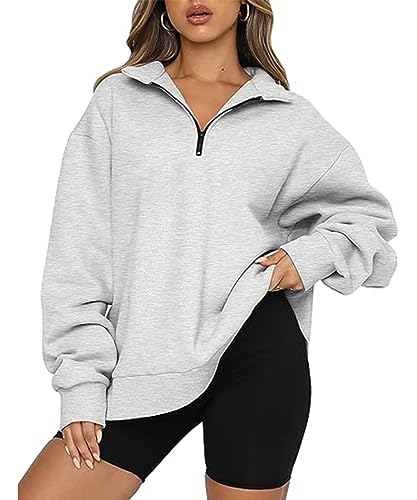 GRMLRPT Damen Pullover Lässige Oversized Hoodie Reißverschluss Damen Rollkragenpullover Herbst Pullover für Damen Kapuzenloser Winterpullover Essentials(Grau,M) von GRMLRPT