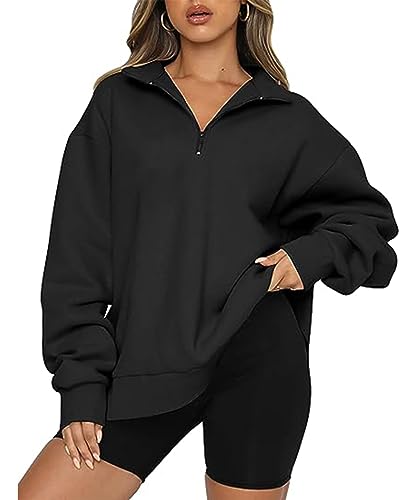 GRMLRPT Damen Pullover Lässige Oversized Hoodie Reißverschluss Damen Rollkragenpullover Herbst Pullover für Damen Kapuzenloser Winterpullover Essentials(Schwarz,M) von GRMLRPT