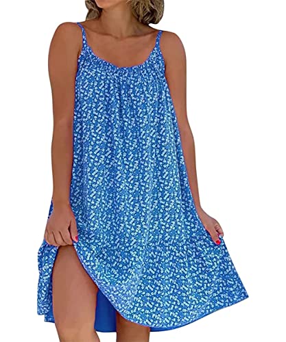 GRMLRPT Damen Sommer Casual Blumen Maxikleid Boho Ärmellose Leicht Sommerkleid Knielang Elegante Strandkleid Kurz Kleid(Blau,XXL) von GRMLRPT