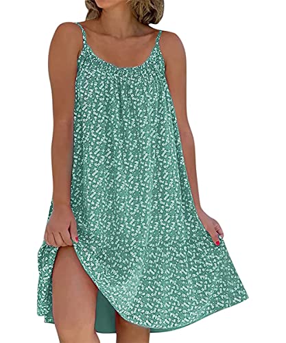 GRMLRPT Damen Sommer Casual Blumen Maxikleid Boho Ärmellose Leicht Sommerkleid Knielang Elegante Strandkleid Kurz Kleid(Grün,L) von GRMLRPT