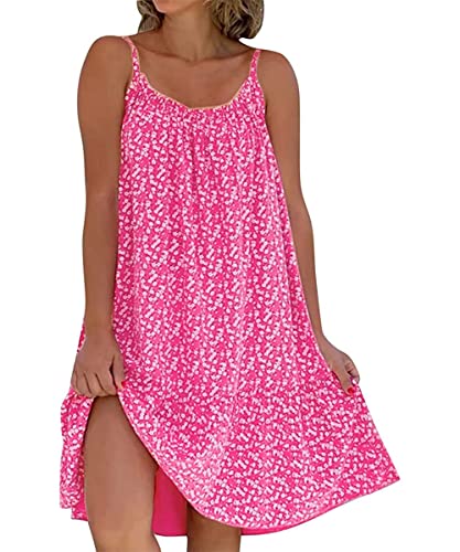 GRMLRPT Damen Sommer Casual Blumen Maxikleid Boho Ärmellose Leicht Sommerkleid Knielang Elegante Strandkleid Kurz Kleid(Rosa,XXL) von GRMLRPT