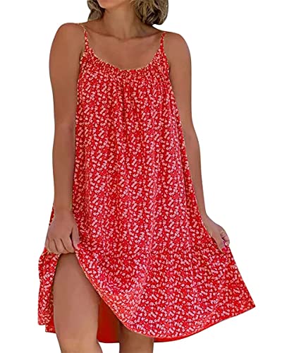 GRMLRPT Damen Sommer Casual Blumen Maxikleid Boho Ärmellose Leicht Sommerkleid Knielang Elegante Strandkleid Kurz Kleid(Rot,S) von GRMLRPT
