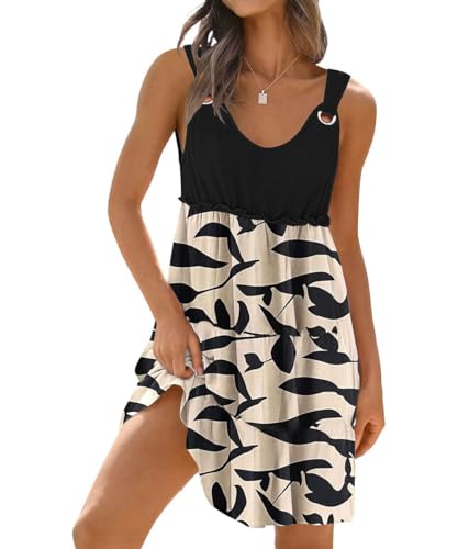 GRMLRPT Damen Sommerkleid Kurz Leicht Boho Sommerkleider Armellos V-Ausschnitt Elegant Strandkleid Blumen Luftig Dress Hawaii Kleid Basic Freizeitkleid (Beige,L) von GRMLRPT