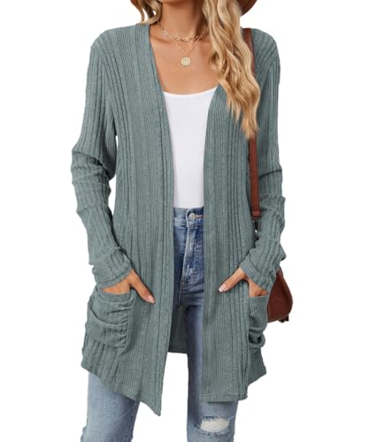 GRMLRPT Damen Strickjacke Lang Casual Cardigan für Damen Leichter Langarmshirt für Herbst/Winter 2025 Unifarben mit Tasche Damen Strickjacke Langarm Klassischer Style(Blau,S) von GRMLRPT