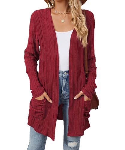 GRMLRPT Damen Strickjacke Lang Casual Cardigan für Damen Leichter Langarmshirt für Herbst/Winter 2025 Unifarben mit Tasche Damen Strickjacke Langarm Klassischer Style(Rot,M) von GRMLRPT