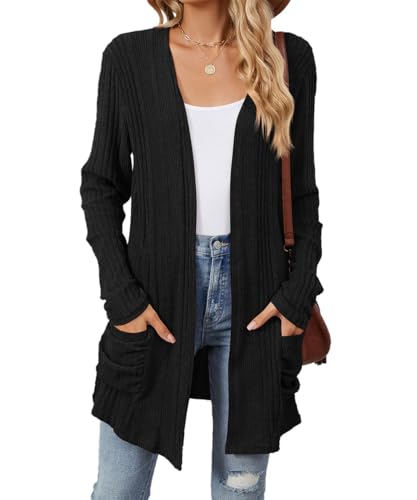 GRMLRPT Damen Strickjacke Lang Casual Cardigan für Damen Leichter Langarmshirt für Herbst/Winter 2025 Unifarben mit Tasche Damen Strickjacke Langarm Klassischer Style(Schwarz,XXL) von GRMLRPT