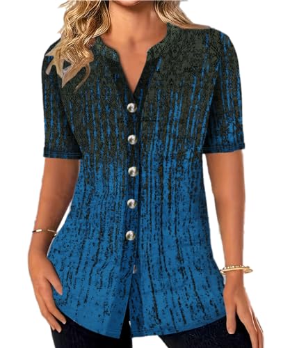 GRMLRPT Damen T-Shirts Kurzarm V-Ausschnitt Sommer Casual Elegant Bedruckt Blusen & Tuniken Damen Blusenshirt mit Lockerer Passform Oberteile für Sommer(Blau,XXL) von GRMLRPT