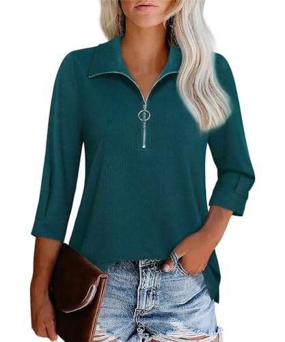 GRMLRPT Damen Tops Langarm V-Ausschnitt 3/4 Ärmel Damen Poloshirts Blusen Reißverschlusskragen Oberteile Bedruckte Bluse Damen Elegant Lässige Hemd Langarmshirts für Damen(Blau,L) von GRMLRPT