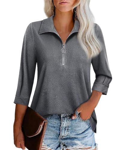 GRMLRPT Damen Tops Langarm V-Ausschnitt 3/4 Ärmel Damen Poloshirts Blusen Reißverschlusskragen Oberteile Bedruckte Bluse Damen Elegant Lässige Hemd Langarmshirts für Damen(Grau,L) von GRMLRPT