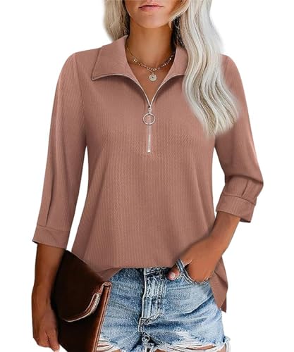 GRMLRPT Damen Tops Langarm V-Ausschnitt 3/4 Ärmel Damen Poloshirts Blusen Reißverschlusskragen Oberteile Bedruckte Bluse Damen Elegant Lässige Hemd Langarmshirts für Damen(Rosa,M) von GRMLRPT