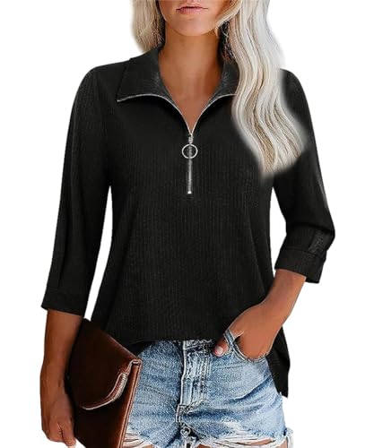 GRMLRPT Damen Tops Langarm V-Ausschnitt 3/4 Ärmel Damen Poloshirts Blusen Reißverschlusskragen Oberteile Bedruckte Bluse Damen Elegant Lässige Hemd Langarmshirts für Damen(Schwarz,L) von GRMLRPT