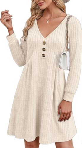 GRMLRPT DamenKleid Langarm V-Ausschnitt Pulloverkleid Elegant Knielang Herbstkleid Casual Kleid Herbst Winter A Linien Bequem Midikleid(Beige,XXL) von GRMLRPT