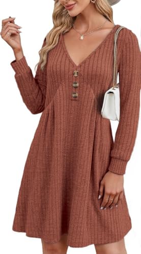 GRMLRPT DamenKleid Langarm V-Ausschnitt Pulloverkleid Elegant Knielang Herbstkleid Casual Kleid Herbst Winter A Linien Bequem Midikleid(Orange,XXL) von GRMLRPT