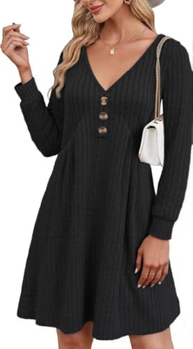 GRMLRPT DamenKleid Langarm V-Ausschnitt Pulloverkleid Elegant Knielang Herbstkleid Casual Kleid Herbst Winter A Linien Bequem Midikleid(Schwarz,M) von GRMLRPT