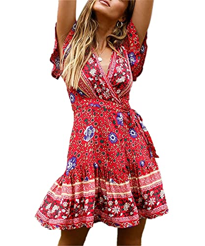 GRMLRPT Damenkleider Strandkleider Kurzarm Tunikakleider mit V-Ausschnitt Blumenkleider Lange Kleider Sommerkleider Lässige Boho-Kleider(Rot,L) von GRMLRPT