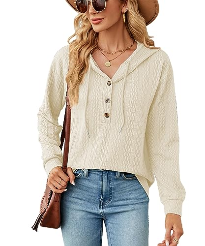 GRMLRPT Hoodie Damen Kapuzenpullover Knopfleiste Tops Casual Kaputzenpullis Frauen Essentials Hoodie Langarmshirt Damen (Beige,M) von GRMLRPT