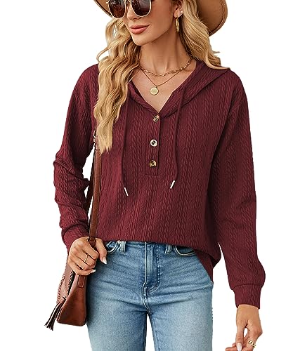 GRMLRPT Hoodie Damen Kapuzenpullover Knopfleiste Tops Casual Kaputzenpullis Frauen Essentials Hoodie Langarmshirt Damen (Rot,S) von GRMLRPT