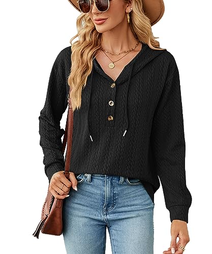 GRMLRPT Hoodie Damen Kapuzenpullover Knopfleiste Tops Casual Kaputzenpullis Frauen Essentials Hoodie Langarmshirt Damen (Schwarz,XL) von GRMLRPT