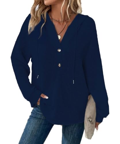 GRMLRPT Hoodie Damen Kapuzenpullover V Ausschnitt Tops Casual Kaputzenpullis Frauen Essentials Hoodie Langarmshirt Damen Sweatshirt Frühling Herbst(Blau,XL) von GRMLRPT