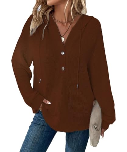 GRMLRPT Hoodie Damen Kapuzenpullover V Ausschnitt Tops Casual Kaputzenpullis Frauen Essentials Hoodie Langarmshirt Damen Sweatshirt Frühling Herbst(Braun,L) von GRMLRPT