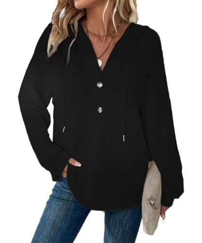 GRMLRPT Hoodie Damen Kapuzenpullover V Ausschnitt Tops Casual Kaputzenpullis Frauen Essentials Hoodie Langarmshirt Damen Sweatshirt Frühling Herbst(Schwarz,L) von GRMLRPT