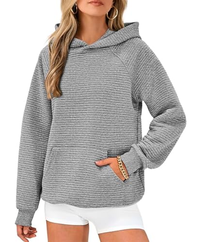 GRMLRPT Kapuzenpullover Damen Hoodie Casual Pullover mit Taschen Kordelzug Sweatshirt Einfarbig Langarmshirt Lässig Oberteile(Grau,M) von GRMLRPT