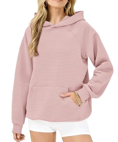 GRMLRPT Kapuzenpullover Damen Hoodie Casual Pullover mit Taschen Kordelzug Sweatshirt Einfarbig Langarmshirt Lässig Oberteile(Rosa,M) von GRMLRPT