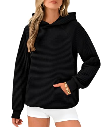 GRMLRPT Kapuzenpullover Damen Hoodie Casual Pullover mit Taschen Kordelzug Sweatshirt Einfarbig Langarmshirt Lässig Oberteile(Schwarz,M) von GRMLRPT