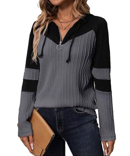 GRMLRPT Kapuzenpullover Damen Hoodie Langarm V Ausschnitt Pullover Sweatshirt mit Kapuze Color Block Drawstring Top Lässig(Grau,M) von GRMLRPT