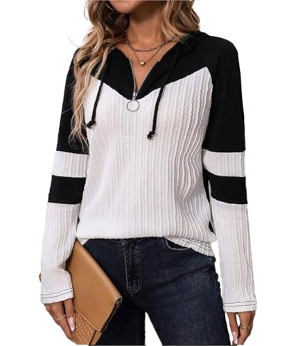GRMLRPT Kapuzenpullover Damen Hoodie Langarm V Ausschnitt Pullover Sweatshirt mit Kapuze Color Block Drawstring Top Lässig(Weiß,M) von GRMLRPT
