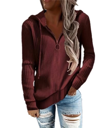 GRMLRPT Kapuzenpullover Damen Hoodie mit Halber Reißverschluss Kapuzenjacke Pullover Sweatshirt Casual Sport Langarm Tops Mädchen(S,Rot) von GRMLRPT