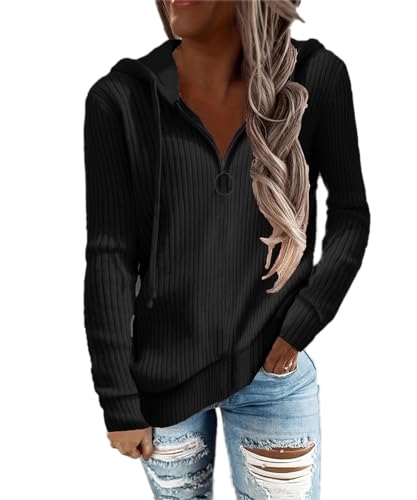 GRMLRPT Kapuzenpullover Damen Hoodie mit Halber Reißverschluss Kapuzenjacke Pullover Sweatshirt Casual Sport Langarm Tops Mädchen(XL,Schwarz) von GRMLRPT