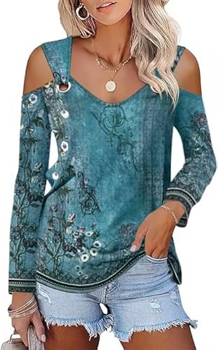 GRMLRPT Langarmshirt für Damen Einfarbig/Bedrucken T-Shirt Bluse V-Ausschnitt Elegant Pullover Langarm Casual Oberteil Damen Tuniken Basic Tops (Bleu,L) von GRMLRPT