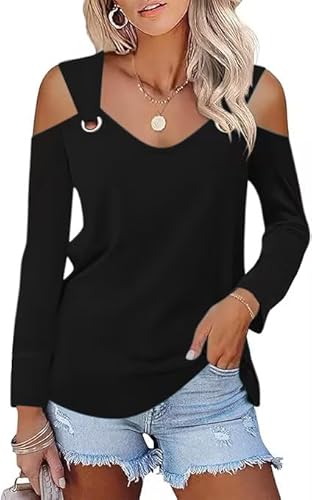 GRMLRPT Langarmshirt für Damen Einfarbig/Bedrucken T-Shirt Bluse V-Ausschnitt Elegant Pullover Langarm Casual Oberteil Damen Tuniken Basic Tops (Noir,L) von GRMLRPT