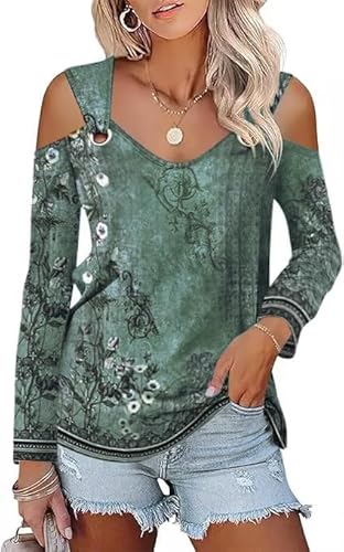 GRMLRPT Langarmshirt für Damen Einfarbig/Bedrucken T-Shirt Bluse V-Ausschnitt Elegant Pullover Langarm Casual Oberteil Damen Tuniken Basic Tops (Vert,XXL) von GRMLRPT