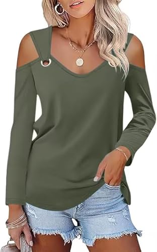 GRMLRPT Langarmshirt für Damen Einfarbig/Bedrucken T-Shirt Bluse V-Ausschnitt Elegant Pullover Langarm Casual Oberteil Damen Tuniken Basic Tops (Vert Militaire,S) von GRMLRPT