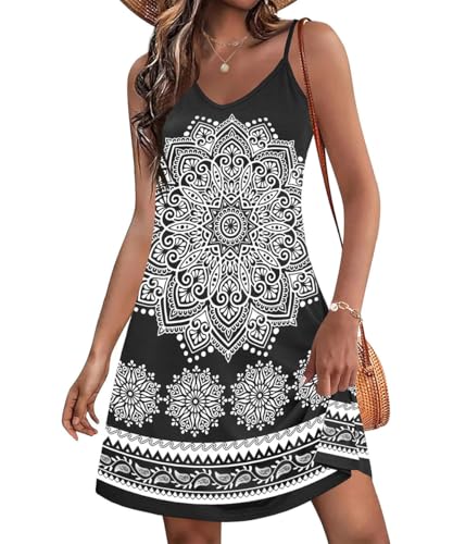 GRMLRPT Leichtes Sommerkleid Damen Kurze Boho Trägerkleid mit Paisley Muster Ärmelloses A-Linie Kleider mit Taschen Strandkleidung für Urlaub und Freizeit(Schwarz,XXL) von GRMLRPT