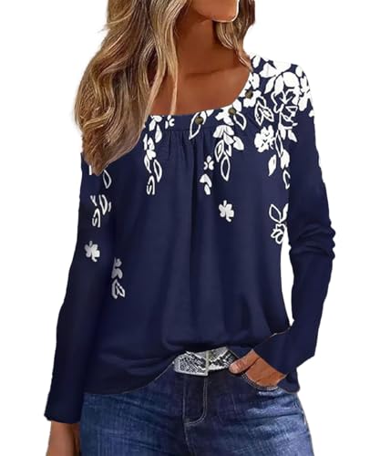 GRMLRPT Oberteil Langarm Bedrucken Eckiger Ausschnitt Langarmshirt für Damen T-Shirt Elegant Knopf Pullover Bluse Casual Tuniken Basic Tops (Blau,M) von GRMLRPT