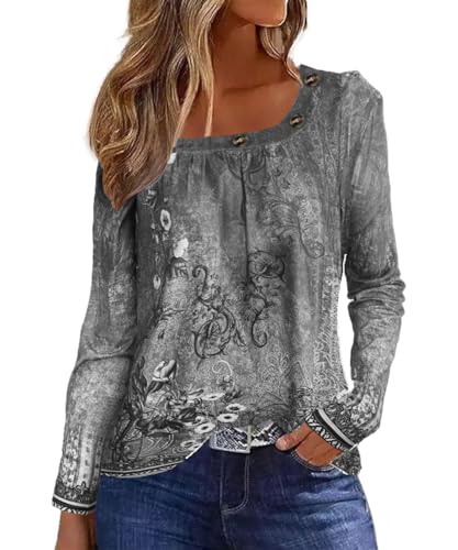 GRMLRPT Oberteil Langarm Bedrucken Eckiger Ausschnitt Langarmshirt für Damen T-Shirt Elegant Knopf Pullover Bluse Casual Tuniken Basic Tops (Grau,S) von GRMLRPT