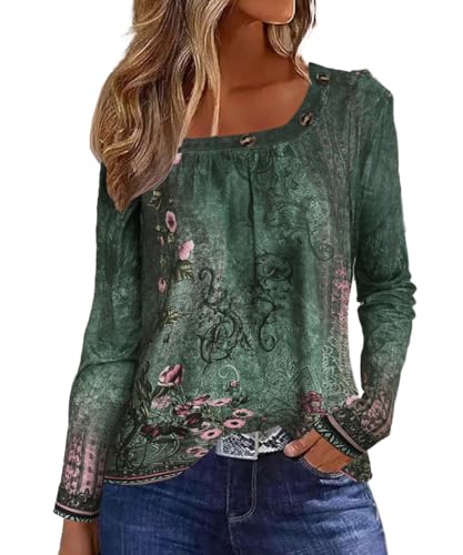 GRMLRPT Oberteil Langarm Bedrucken Eckiger Ausschnitt Langarmshirt für Damen T-Shirt Elegant Knopf Pullover Bluse Casual Tuniken Basic Tops (Grün,S) von GRMLRPT