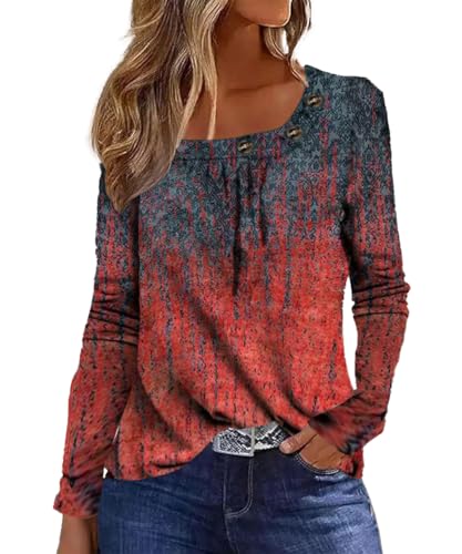 GRMLRPT Oberteil Langarm Bedrucken Eckiger Ausschnitt Langarmshirt für Damen T-Shirt Elegant Knopf Pullover Bluse Casual Tuniken Basic Tops (Schwarz Rot,M) von GRMLRPT