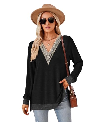 GRMLRPT Oberteile Langarm Damen V-Ausschnitt Bluse Elegant Hemdbluse Casual T-Shirts Tops Basic Einfarbige Tunika Lässig Feder Herbst(Schwarz,M) von GRMLRPT