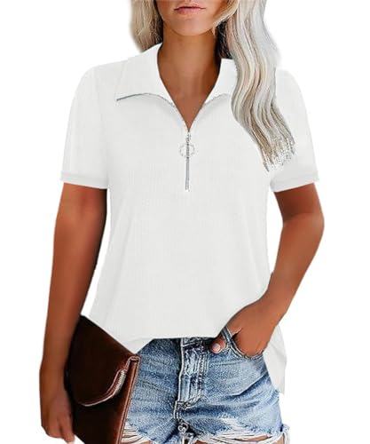 GRMLRPT Oberteile Sommer Tshirt Damen Tops Kurzarm V-Ausschnitt Kurzarm Poloshirts Blusen Reißverschlusskragen Bedruckte Bluse Elegant Lässige Hemd für Damen(Weiß,L) von GRMLRPT