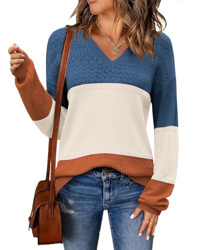 GRMLRPT Pullover Damen Strickpullover Colorblock Langarm V-Ausschnitt Sweatshirt Herbst Winter Langarmshirt Basic(Beige,XXL) von GRMLRPT