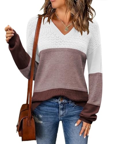 GRMLRPT Pullover Damen Strickpullover Colorblock Langarm V-Ausschnitt Sweatshirt Herbst Winter Langarmshirt Basic(Braun,L) von GRMLRPT