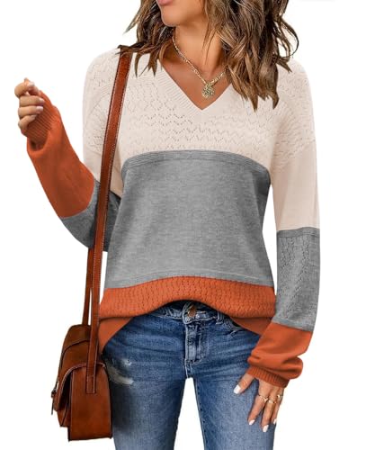 GRMLRPT Pullover Damen Strickpullover Colorblock Langarm V-Ausschnitt Sweatshirt Herbst Winter Langarmshirt Basic(Grau,M) von GRMLRPT